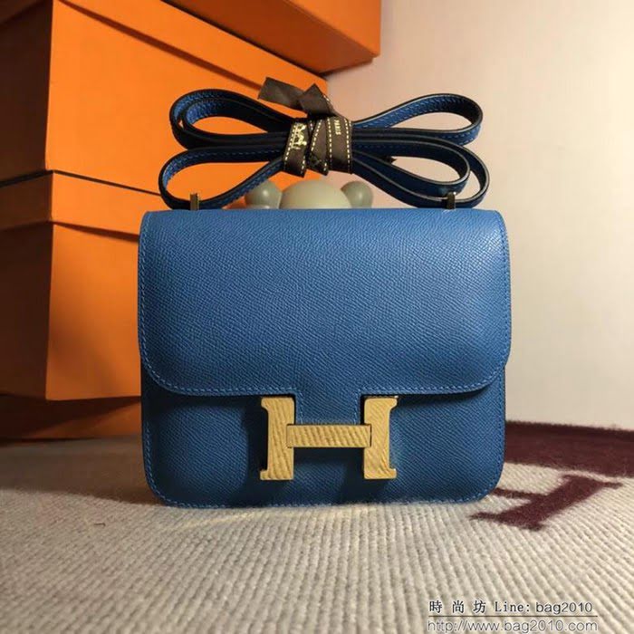 HERMES愛馬仕 空姐包 constance 松石藍 EPSOM 18cm 金扣 蠟線縫製 單肩斜挎包  Ama1510